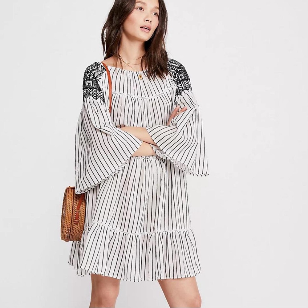 Free People Lola Crochet Striped Tiered Mini Dress Black White Scoop Neck XL